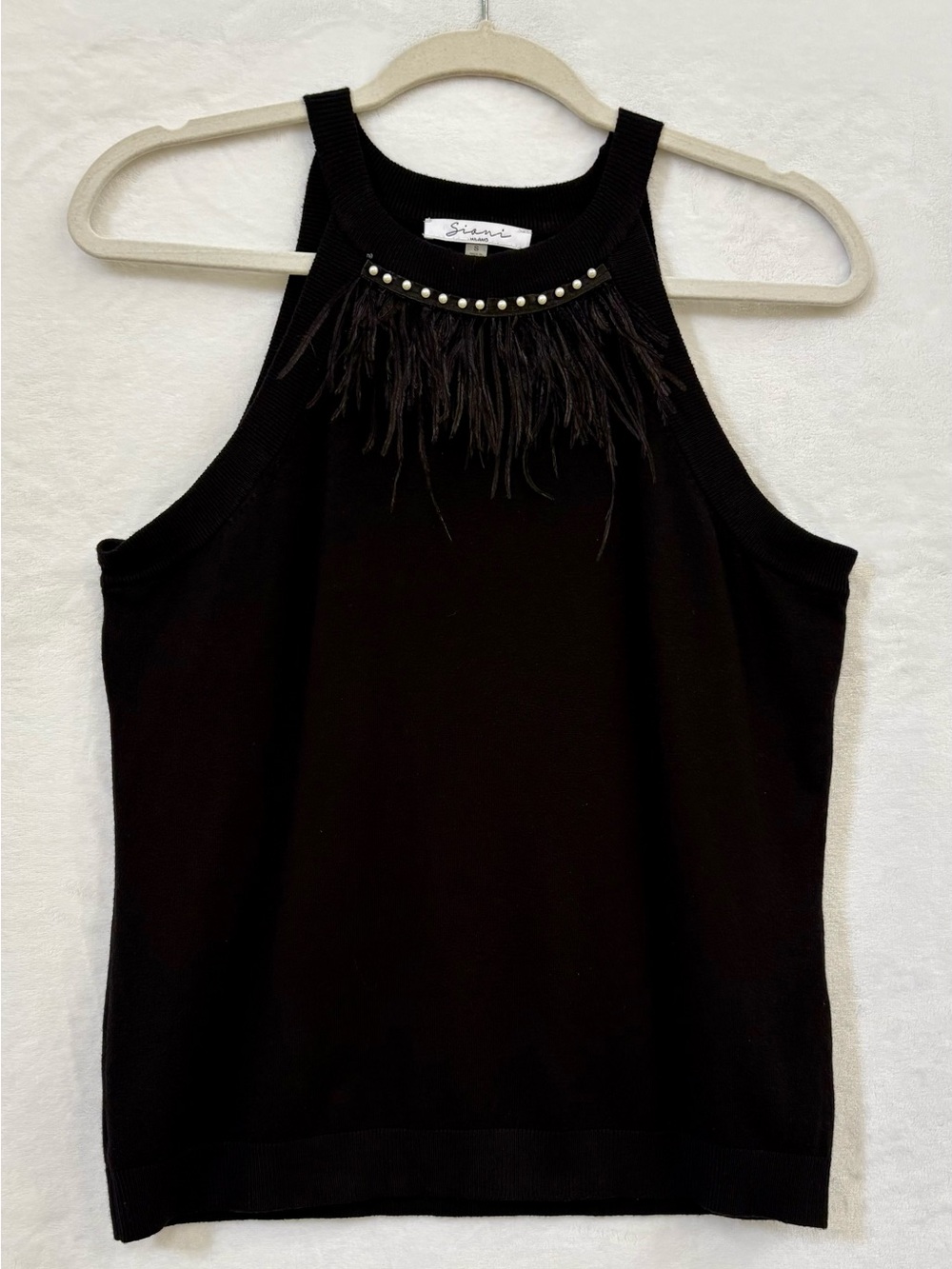 Sioni Black Feather-Trim Halter Knit Tank with Pearl Detail
